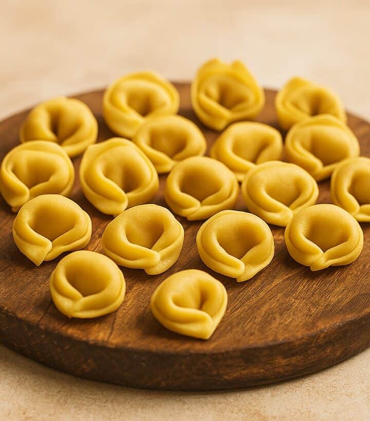 Tortellini fatti a mano disposti su tagliere in legno
