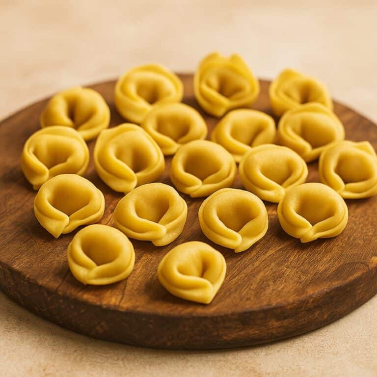 Tortellini fatti a mano disposti su tagliere in legno
