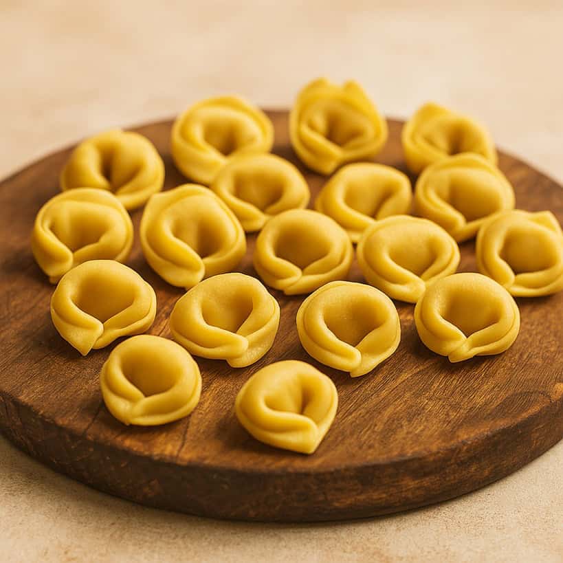 Tortellini fatti a mano disposti su tagliere in legno