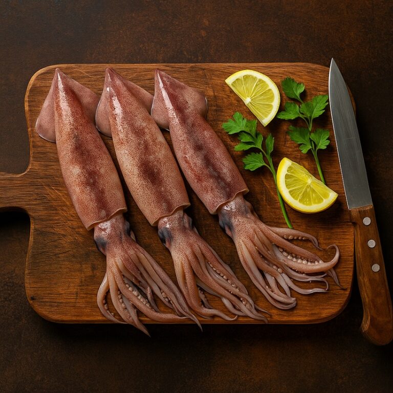 totani interi freschi su tagliere di legno con limone, prezzemolo e coltello