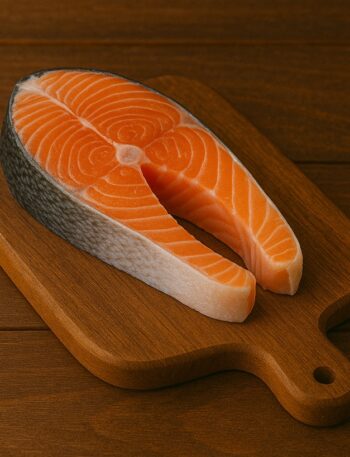 Trancio di salmone fresco con pelle su tagliere in legno naturale