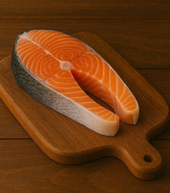 Trancio di salmone fresco con pelle su tagliere in legno naturale