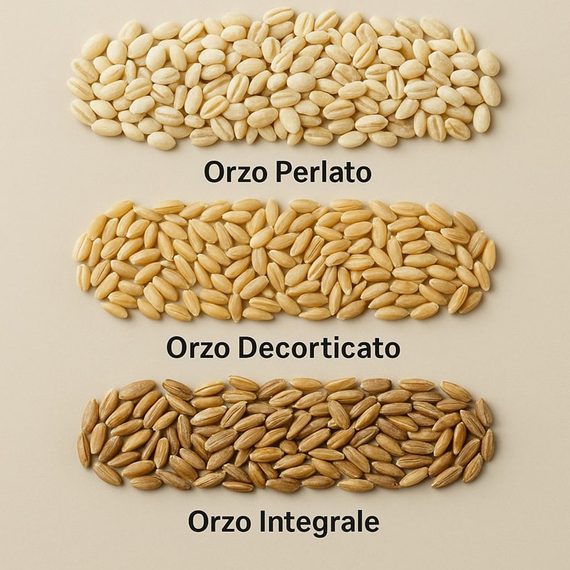 Un'immagine che mostra tre varietà di orzo: perlato, decorticato e integrale, disposte separatamente su un fondo neutro.