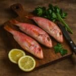 Tre triglie intere fresche su tagliere di legno con limone, prezzemolo e coltello da cucina