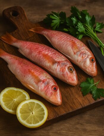 Tre triglie intere fresche su tagliere di legno con limone, prezzemolo e coltello da cucina