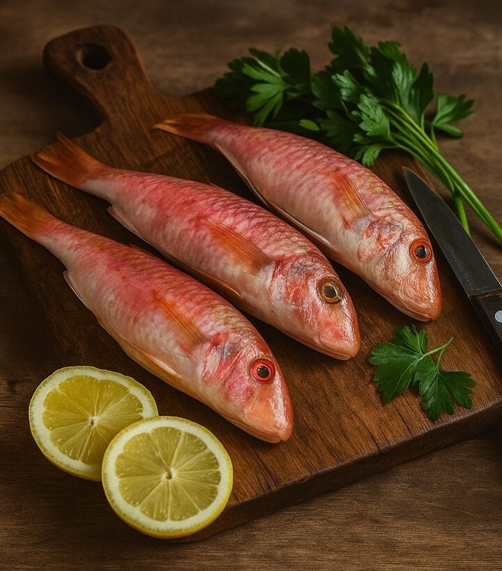 Tre triglie intere fresche su tagliere di legno con limone, prezzemolo e coltello da cucina