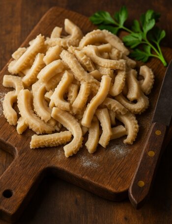 Trippa tagliata a strisce su tagliere in legno con coltello e foglie di prezzemolo