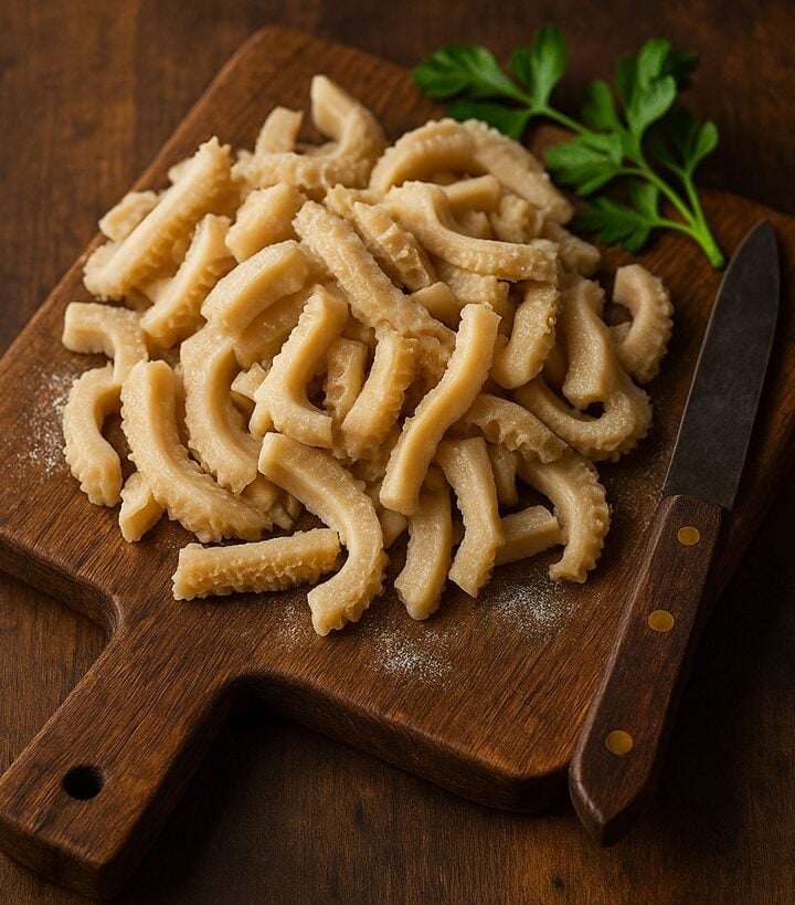Trippa tagliata a strisce su tagliere in legno con coltello e foglie di prezzemolo
