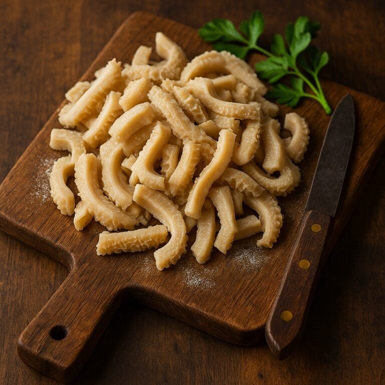 Trippa tagliata a strisce su tagliere in legno con coltello e foglie di prezzemolo
