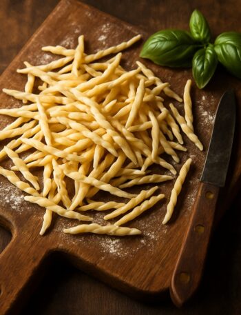 Trofie crude su tagliere rustico di legno con foglie di basilico fresco e coltello