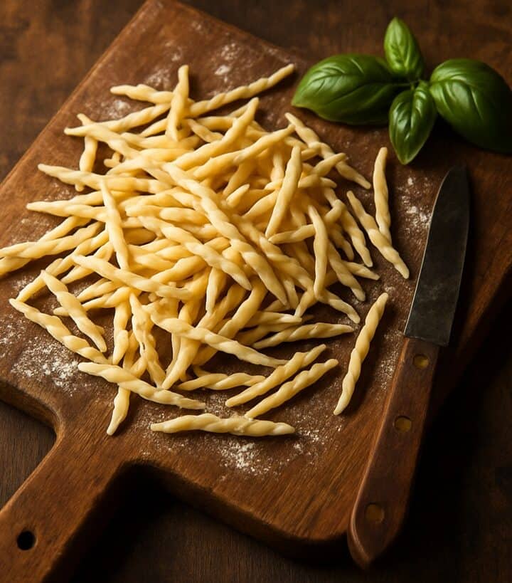 Trofie crude su tagliere rustico di legno con foglie di basilico fresco e coltello