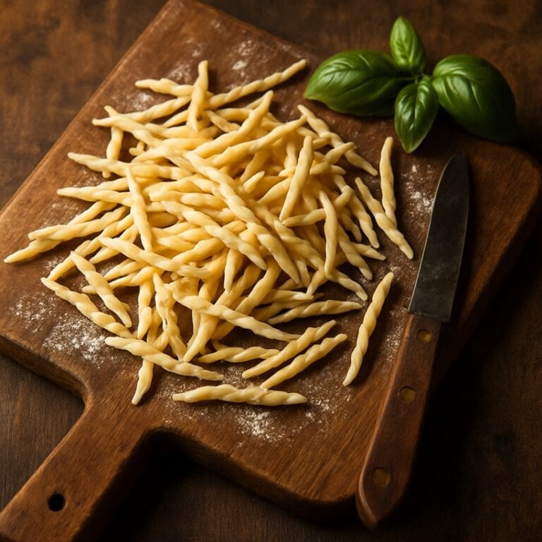 Trofie crude su tagliere rustico di legno con foglie di basilico fresco e coltello