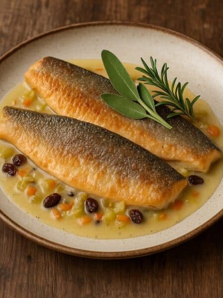 Due filetti di trota alla valdostana con salsa cremosa, uvetta e verdure su piatto rustico