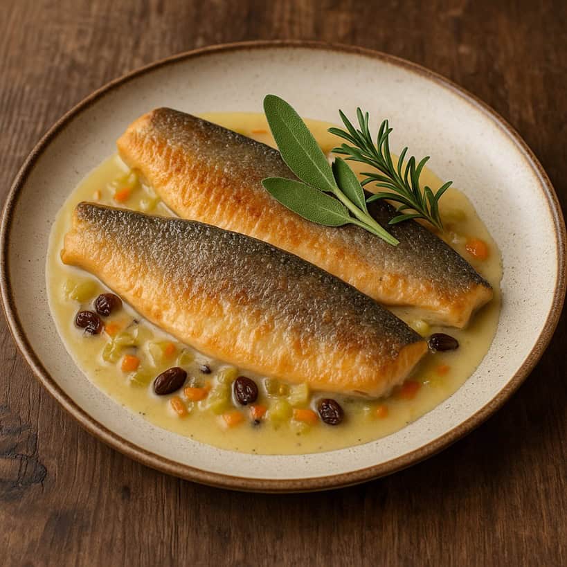 Due filetti di trota alla valdostana con salsa cremosa, uvetta e verdure su piatto rustico