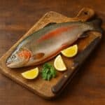 Trota salmonata intera con carne rosata su tagliere in legno, accompagnata da limone, coltello e prezzemolo