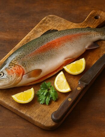 Trota salmonata intera con carne rosata su tagliere in legno, accompagnata da limone, coltello e prezzemolo