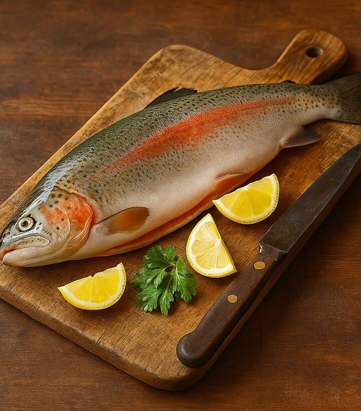 Trota salmonata intera con carne rosata su tagliere in legno, accompagnata da limone, coltello e prezzemolo