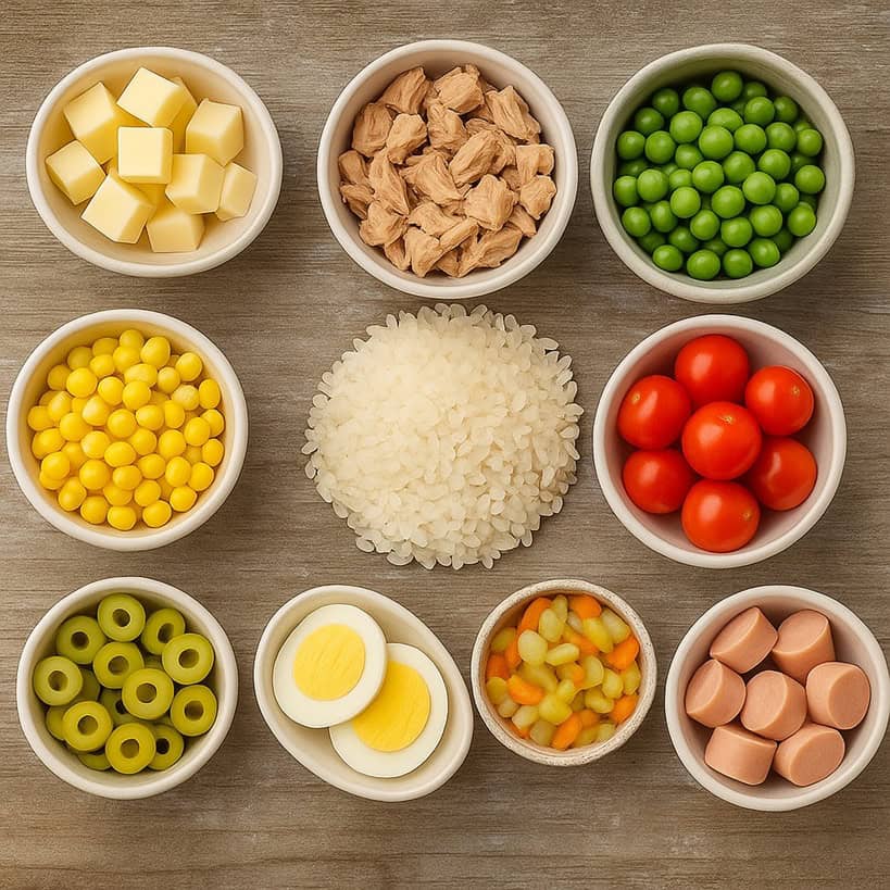 Nove ciotole con riso, wurstel, tonno, piselli, pomodorini, mais, uova, formaggio, olive verdi e sottaceti su sfondo rustico