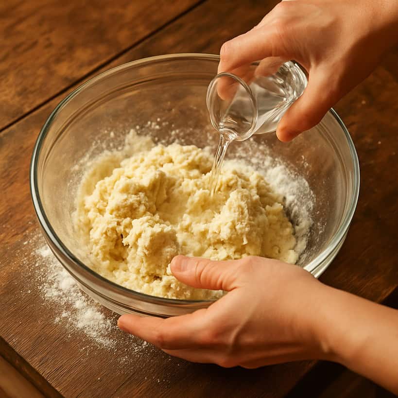 Mano che versa acqua fredda in ciotola con farina e burro per impastare pasta brisé o brisée
