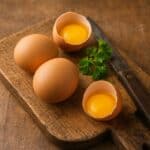 Tre uova intere e due gusci rotti con tuorli e albumi visibili su tagliere di legno con prezzemolo