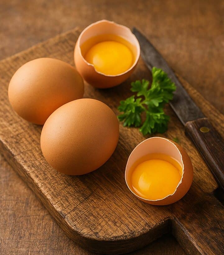 Tre uova intere e due gusci rotti con tuorli e albumi visibili su tagliere di legno con prezzemolo