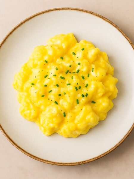 Porzione singola di uova strapazzate cremose con erba cipollina, servita in modo elegante
