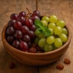 Grappoli di uva verde e rossa in ciotola di legno con foglia di menta su fondo rustico