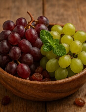 Grappoli di uva verde e rossa in ciotola di legno con foglia di menta su fondo rustico