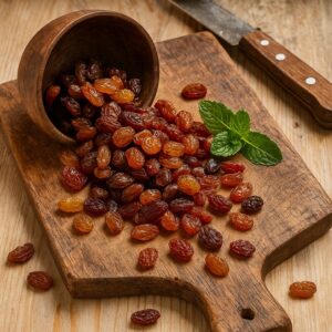 Uvetta dorata e scura su tagliere rustico con ciotola rovesciata, coltello e foglia di menta