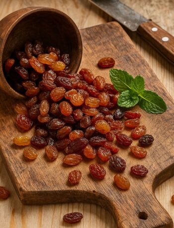 Uvetta dorata e scura su tagliere rustico con ciotola rovesciata, coltello e foglia di menta