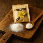 Bustina di vanillina con fiore giallo, zucchero e cucchiaio su tagliere in legno