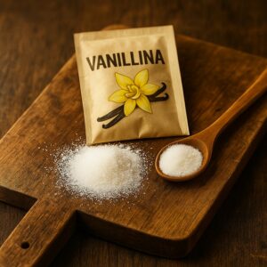 Bustina di vanillina con fiore giallo, zucchero e cucchiaio su tagliere in legno