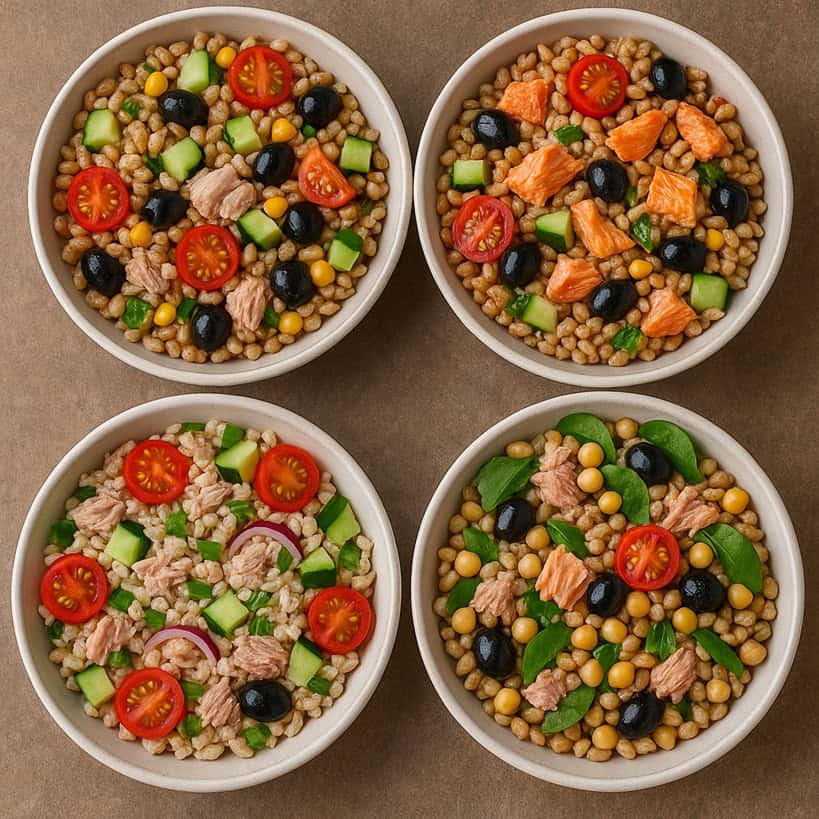 Quattro insalate di farro con ingredienti diversi: tonno, salmone, ceci, riso, olive e verdure