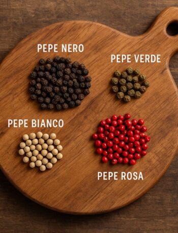 Pepe nero, bianco, verde e rosa su tagliere rustico in cucina