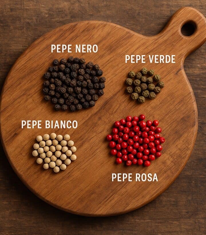 Pepe nero, bianco, verde e rosa su tagliere rustico in cucina