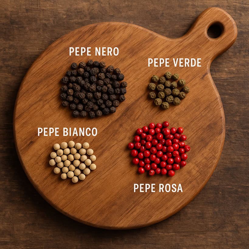 Pepe nero, bianco, verde e rosa su tagliere rustico in cucina