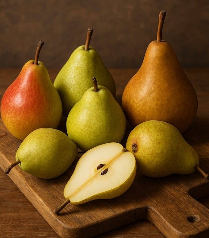 Pere fresche intere e tagliate a metà su tagliere in legno