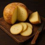 Tipi di provolone dolce, piccante e affumicato su tagliere in legno