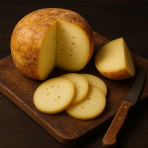 Tipi di provolone dolce, piccante e affumicato su tagliere in legno