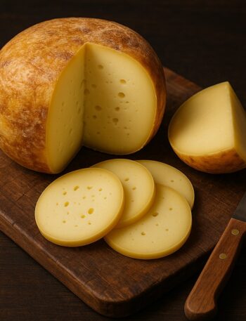 Tipi di provolone dolce, piccante e affumicato su tagliere in legno