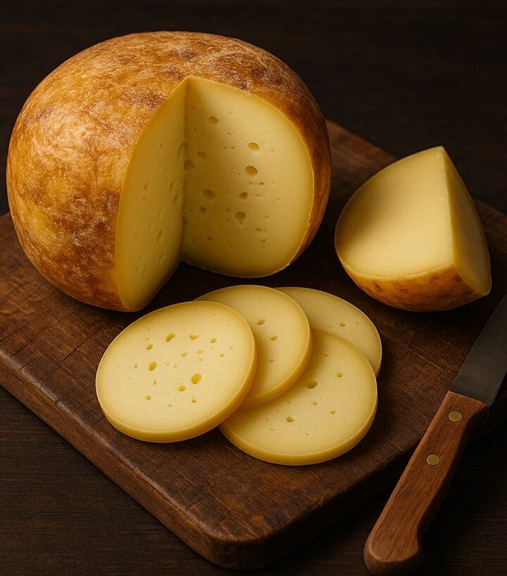 Tipi di provolone dolce, piccante e affumicato su tagliere in legno