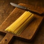 Vermicelli di semola allineati su tagliere in legno con coltello rustico sullo sfondo