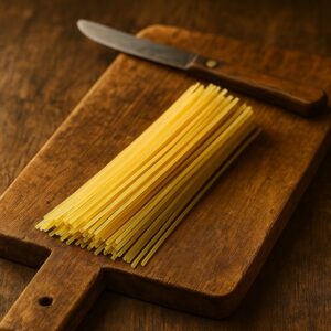 Vermicelli di semola allineati su tagliere in legno con coltello rustico sullo sfondo