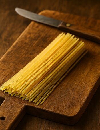 Vermicelli di semola allineati su tagliere in legno con coltello rustico sullo sfondo