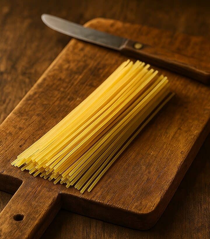 Vermicelli di semola allineati su tagliere in legno con coltello rustico sullo sfondo