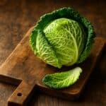 Verza fresca con foglie arricciate appoggiata su tagliere rustico in legno