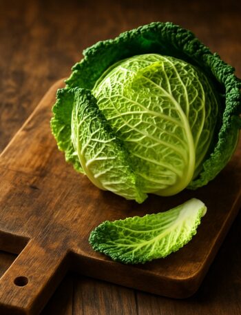 Verza fresca con foglie arricciate appoggiata su tagliere rustico in legno