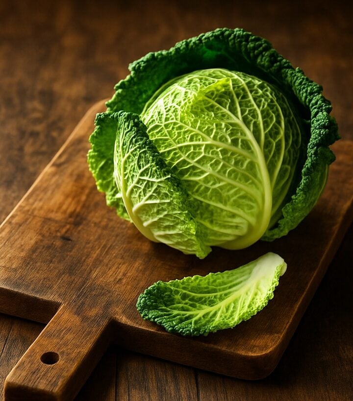 Verza fresca con foglie arricciate appoggiata su tagliere rustico in legno