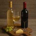 Bottiglie e calici di vino rosso e bianco con formaggio e uva su tagliere in legno rustico