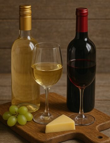 Bottiglie e calici di vino rosso e bianco con formaggio e uva su tagliere in legno rustico